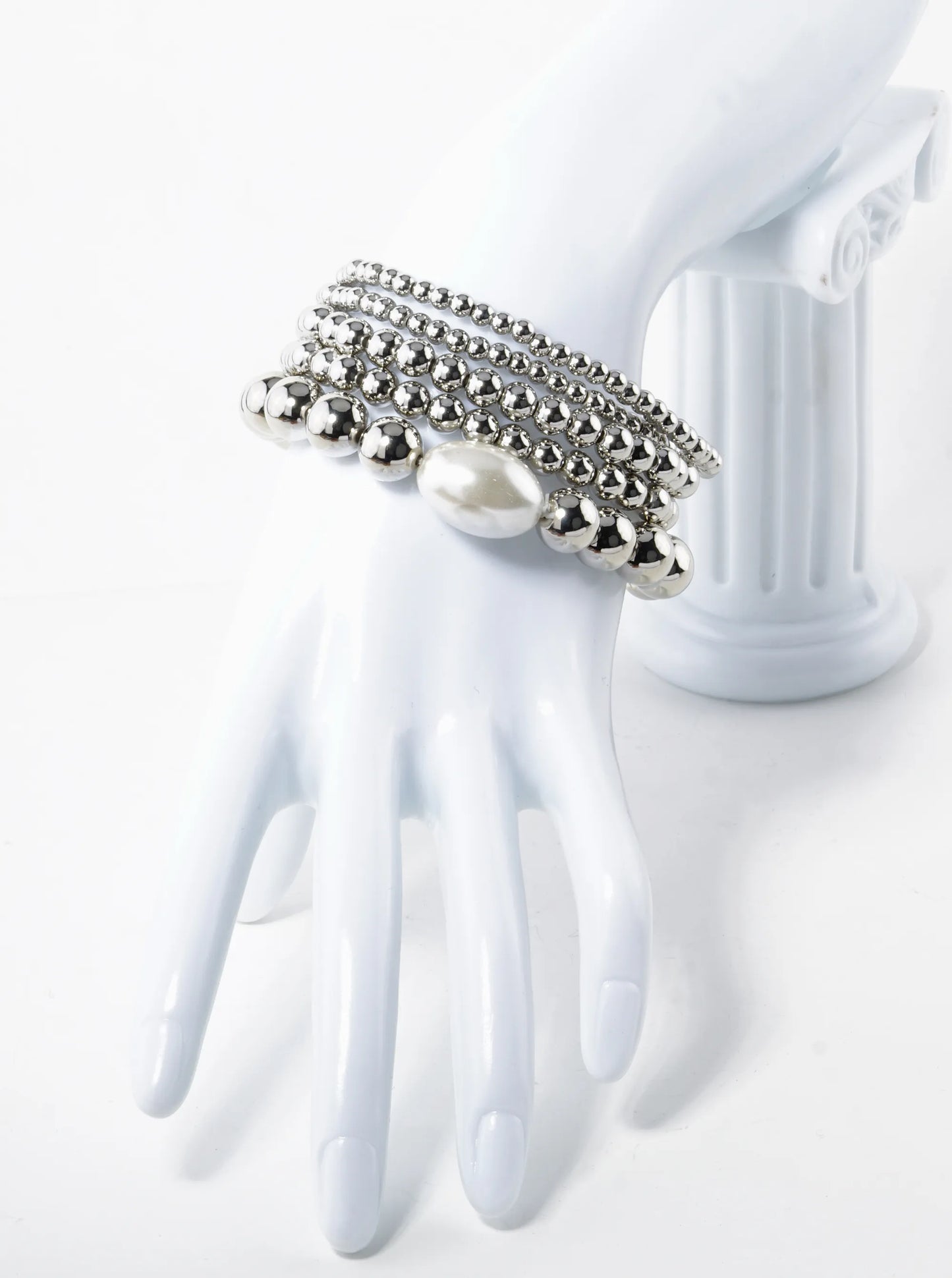 Set Of 5 Graduated Metallic Beaded Stackable Stretch Bracelet With Pearl Accents