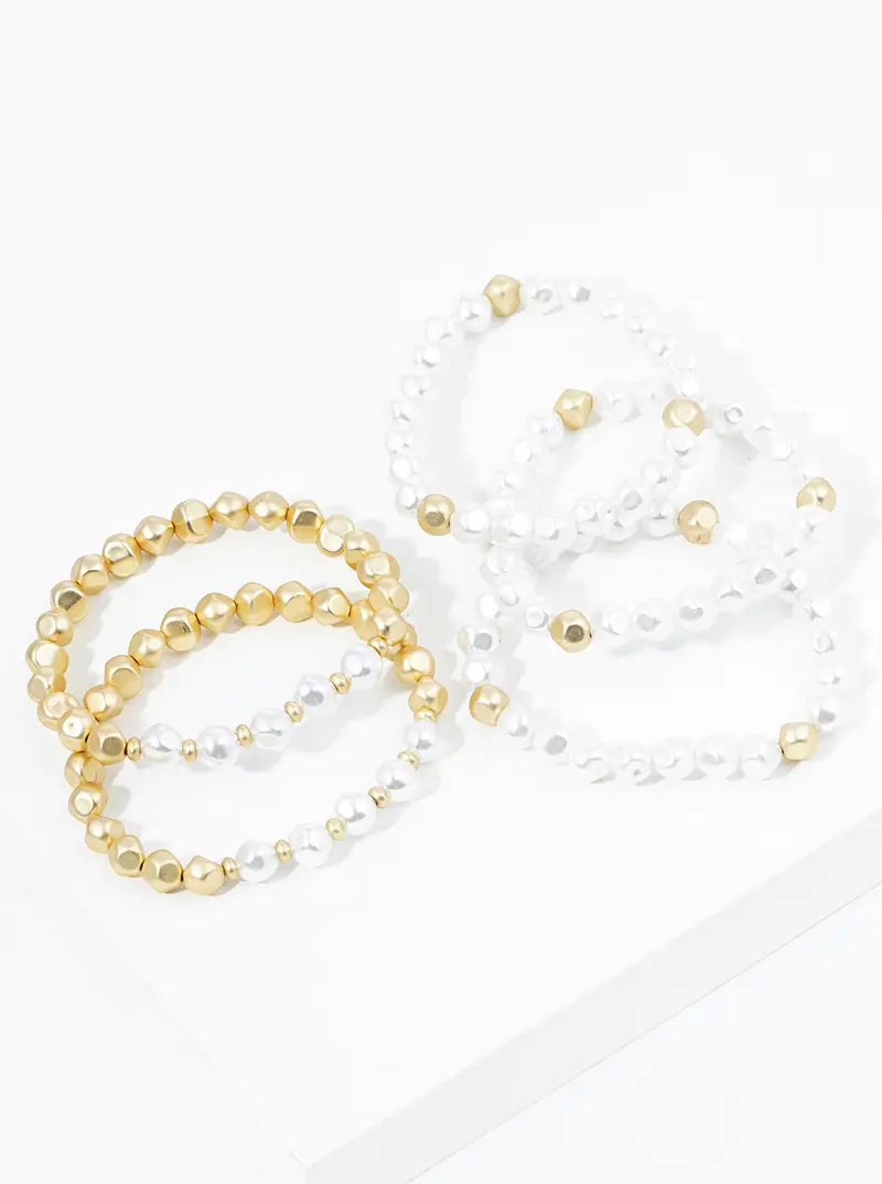 Set Of 5 Irregualer Shaped Pearl And Metallic Beaded Stretch Stackable Bracelet