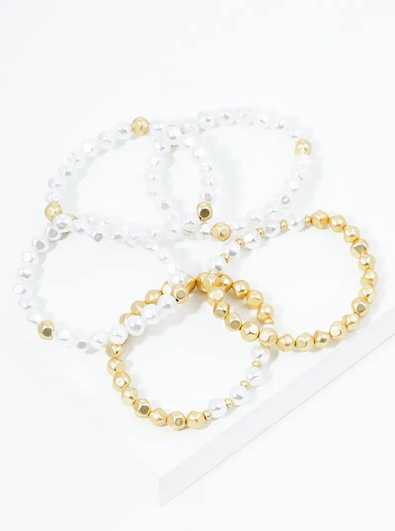 Set Of 5 Irregualer Shaped Pearl And Metallic Beaded Stretch Stackable Bracelet