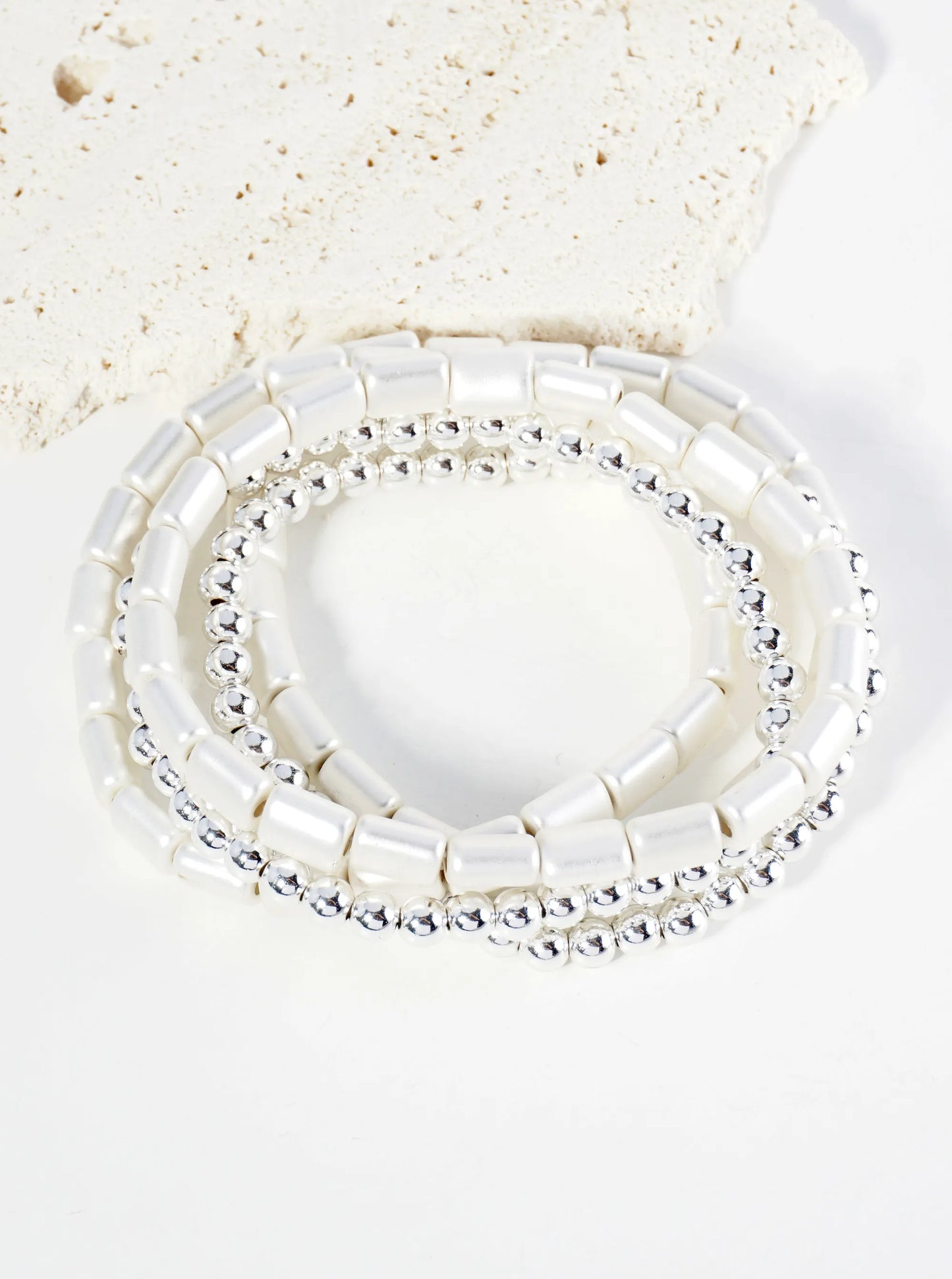 Set Of 5 Metallic Beads Stackable Stretch Bracelet