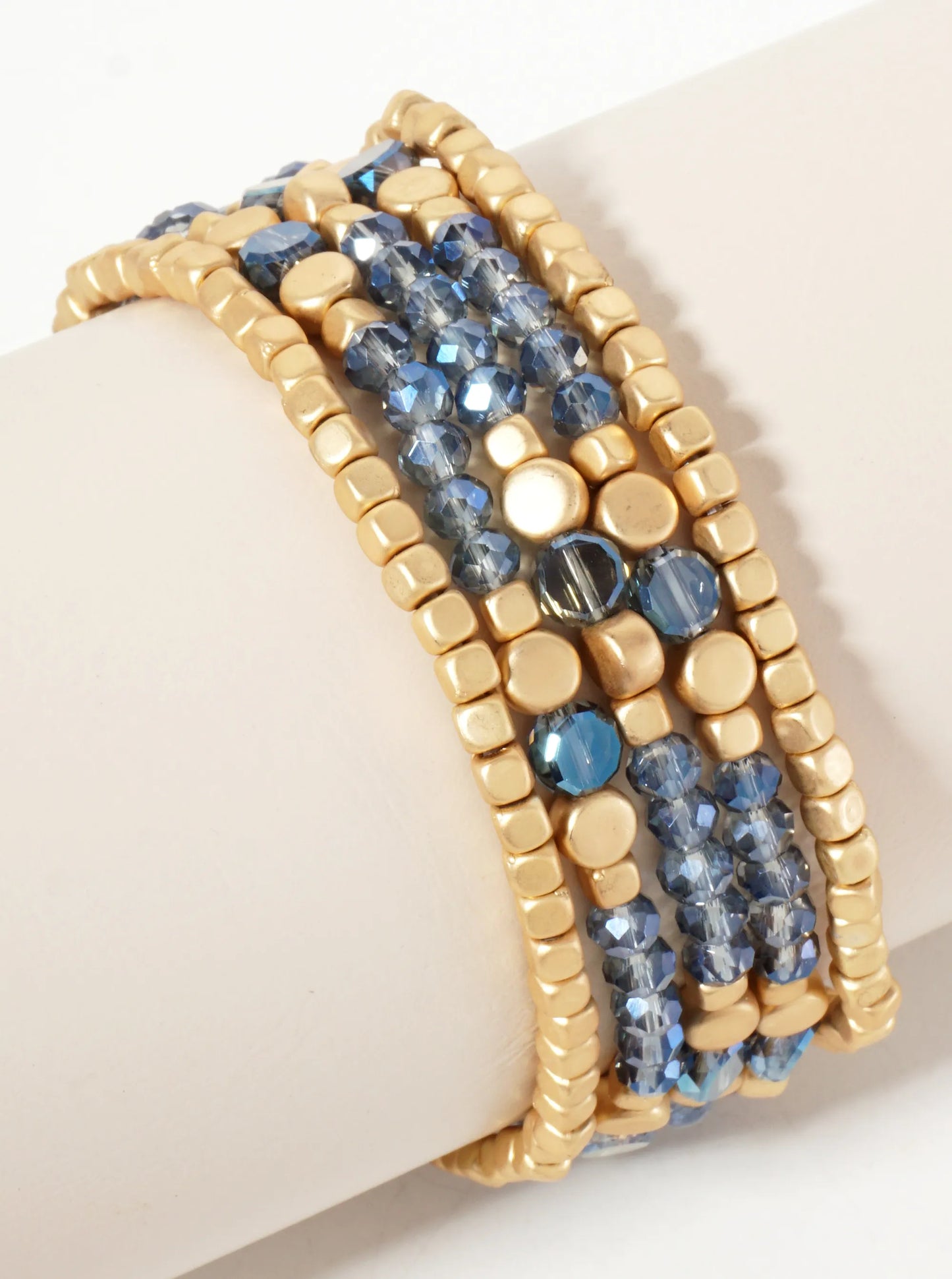Set-of-5 Metallic Beads And Faceted Glass-Beads Stackable Stretch Bracelet