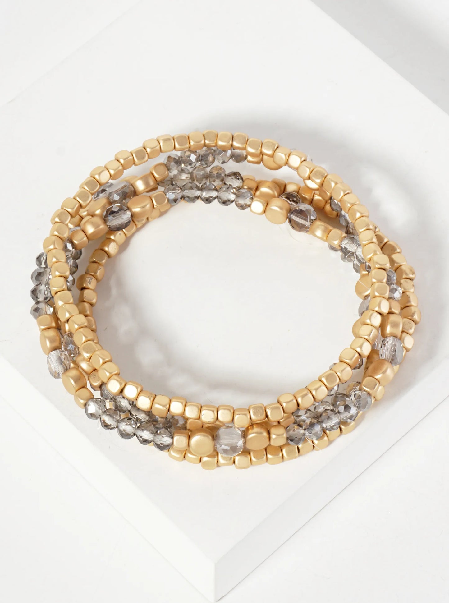 Set-of-5 Metallic Beads And Faceted Glass-Beads Stackable Stretch Bracelet