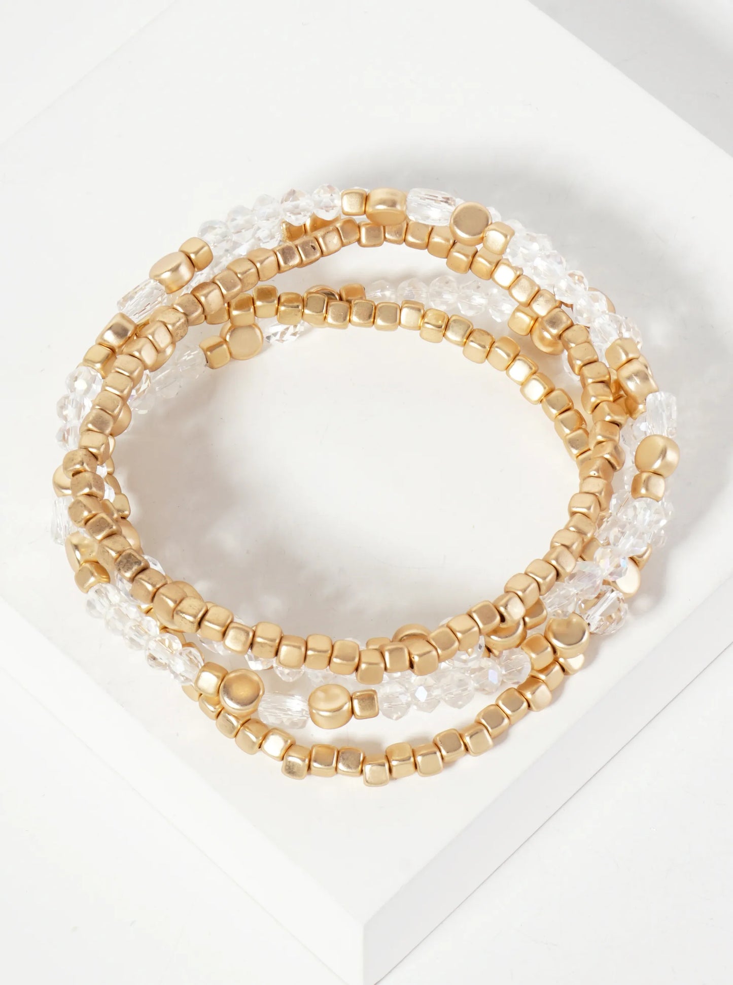Set-of-5 Metallic Beads And Faceted Glass-Beads Stackable Stretch Bracelet