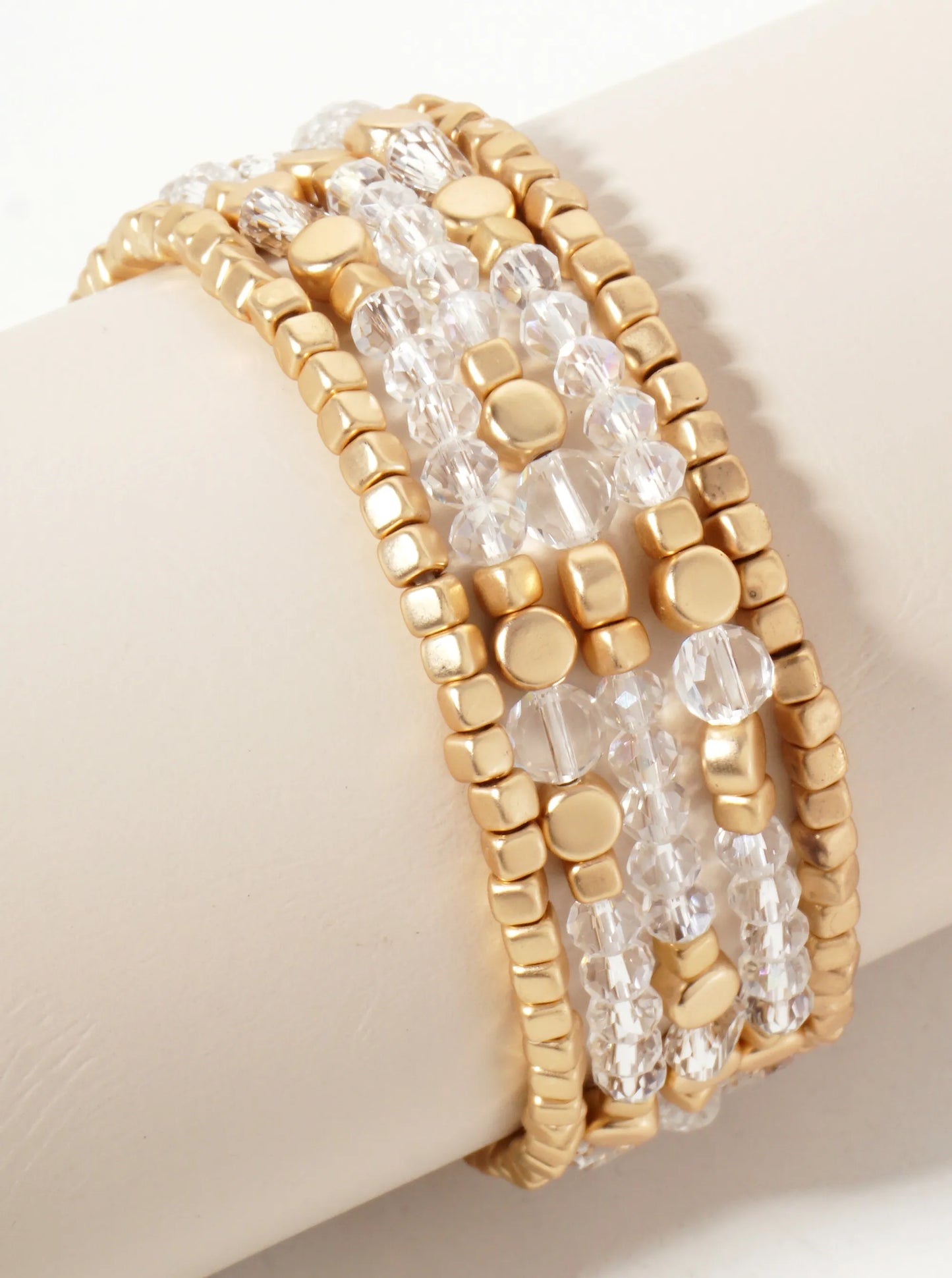 Set-of-5 Metallic Beads And Faceted Glass-Beads Stackable Stretch Bracelet