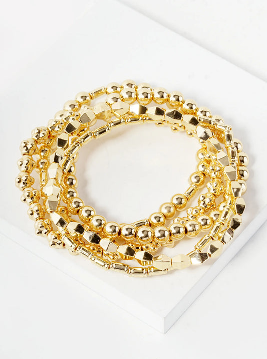 Set Of 5 Multi Shape Metallic Beads Stackable Stretch Bracelet
