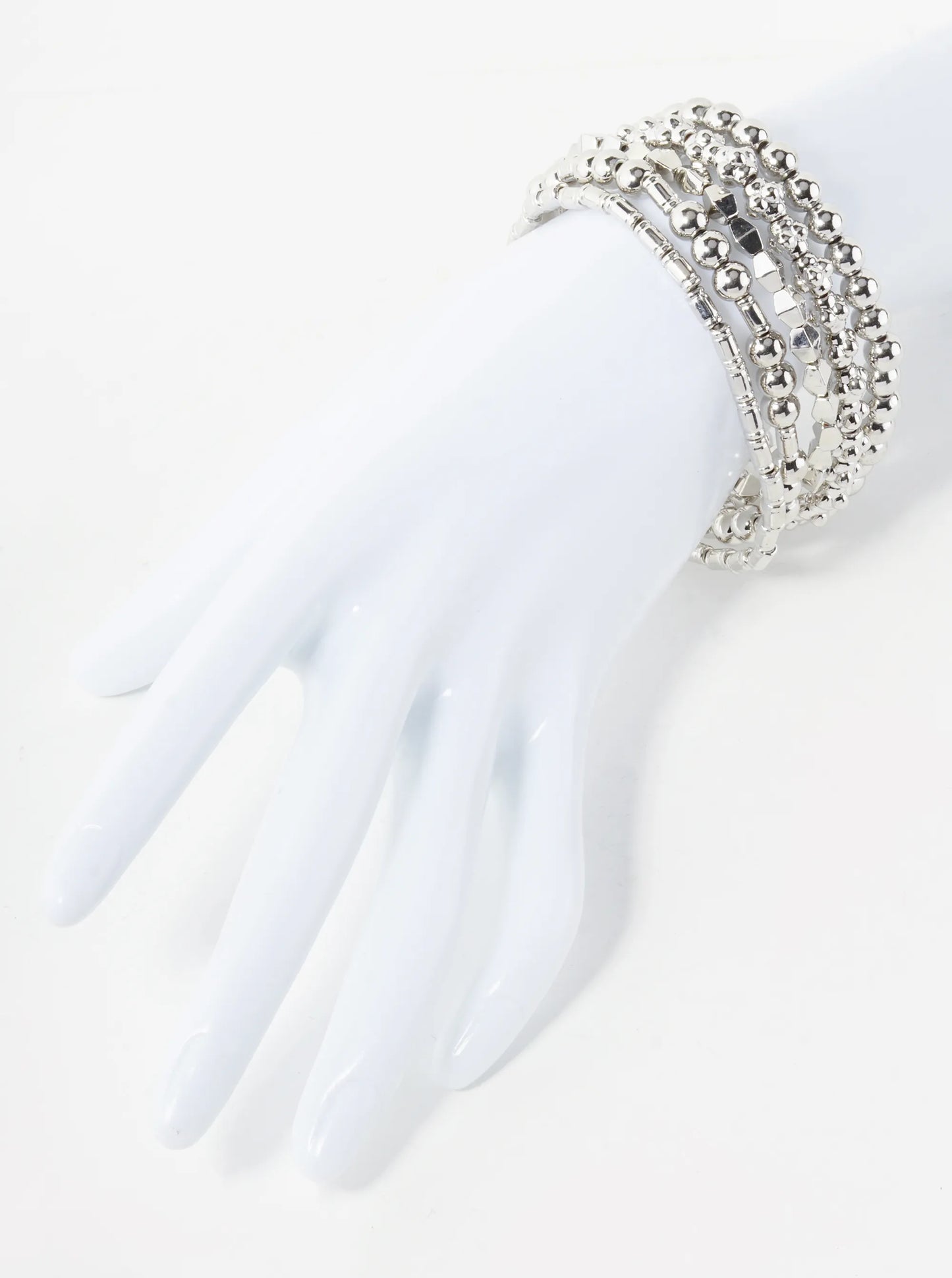 Set Of 5 Multi Shape Metallic Beads Stackable Stretch Bracelet