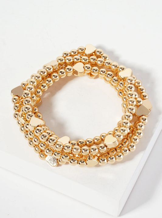 Set-of-5 Polished Metallic Heart And Ball-Beads Stackable Stretch Bracelet