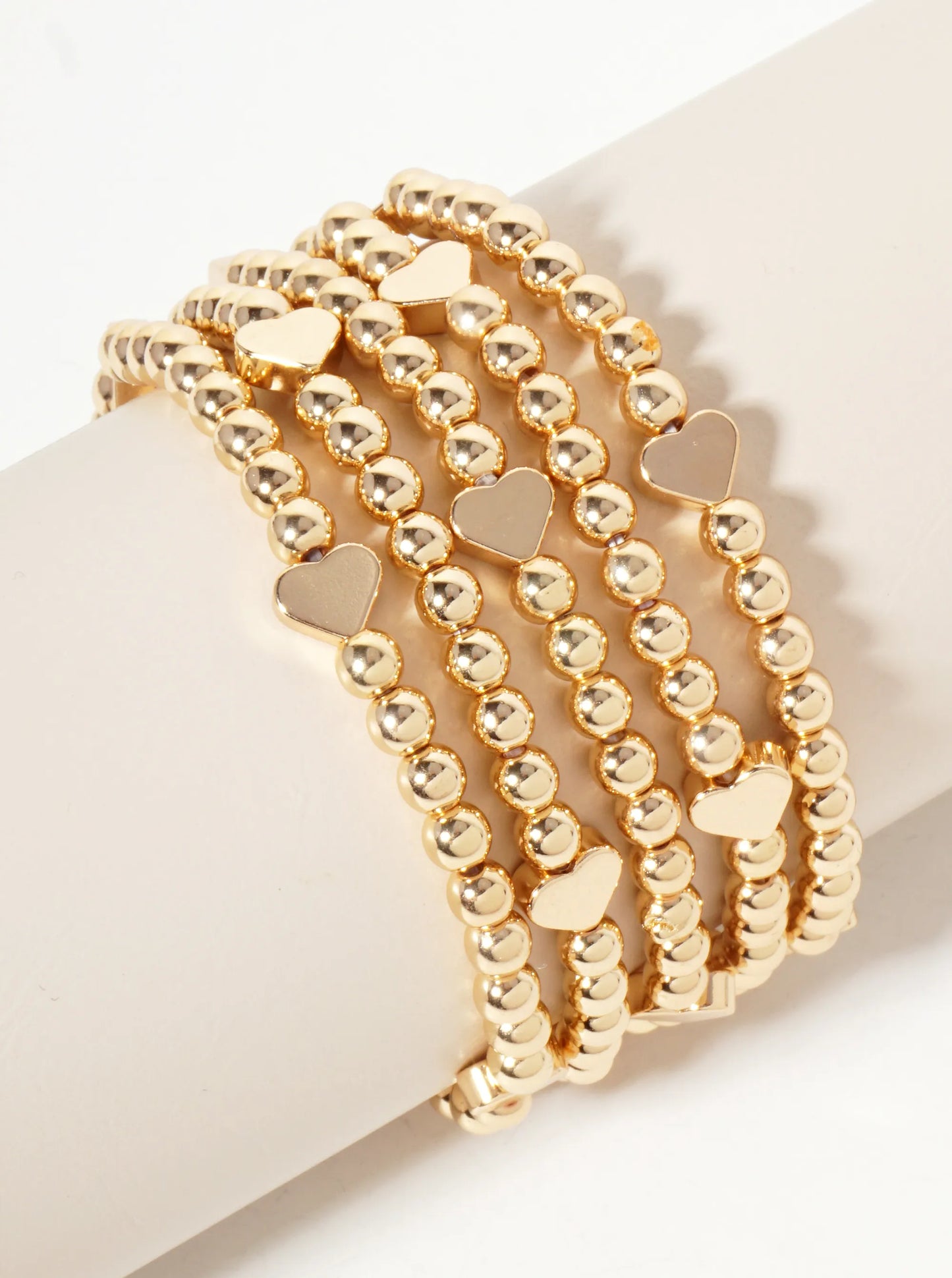 Set-of-5 Polished Metallic Heart And Ball-Beads Stackable Stretch Bracelet
