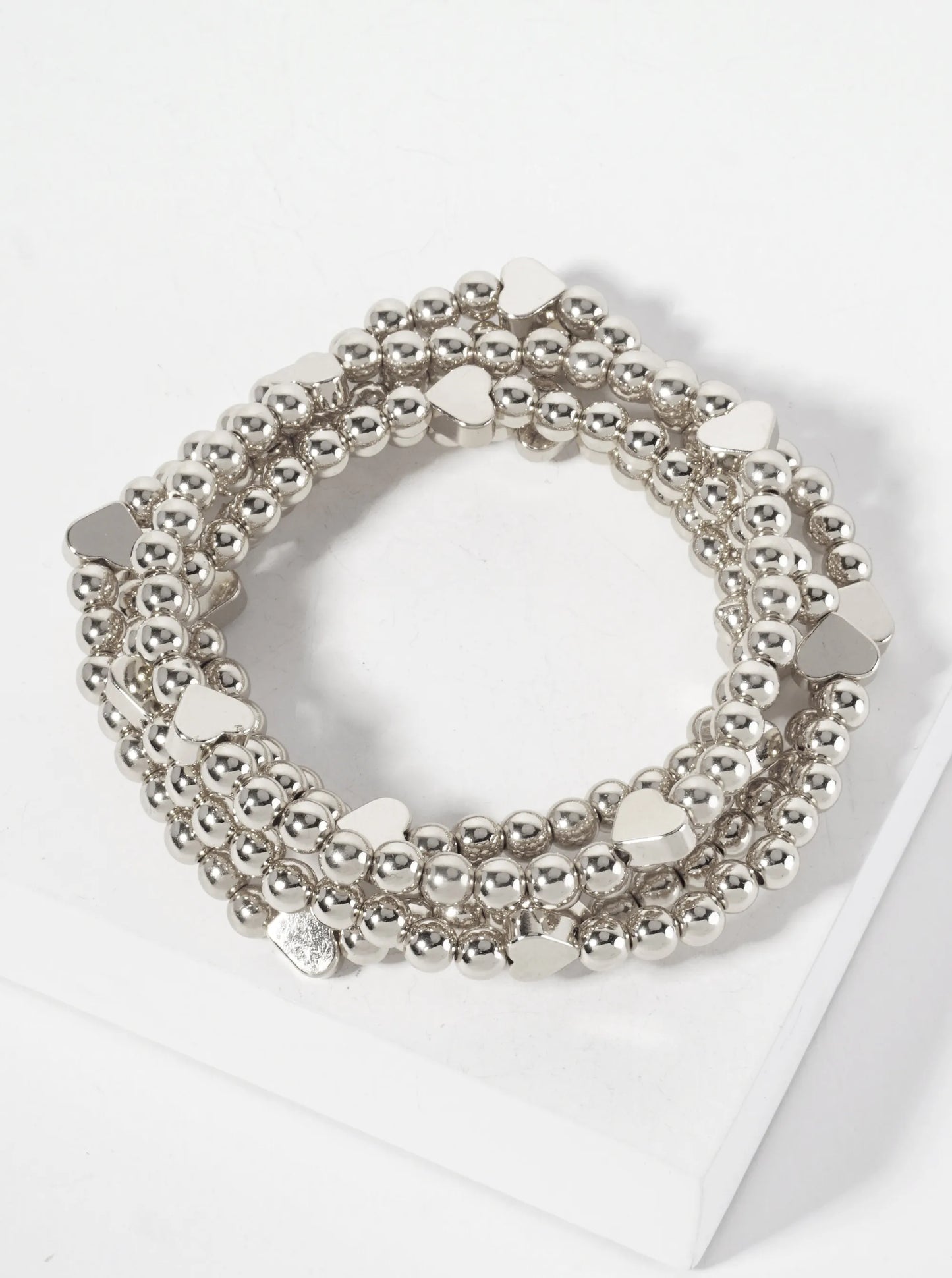 Set-of-5 Polished Metallic Heart And Ball-Beads Stackable Stretch Bracelet