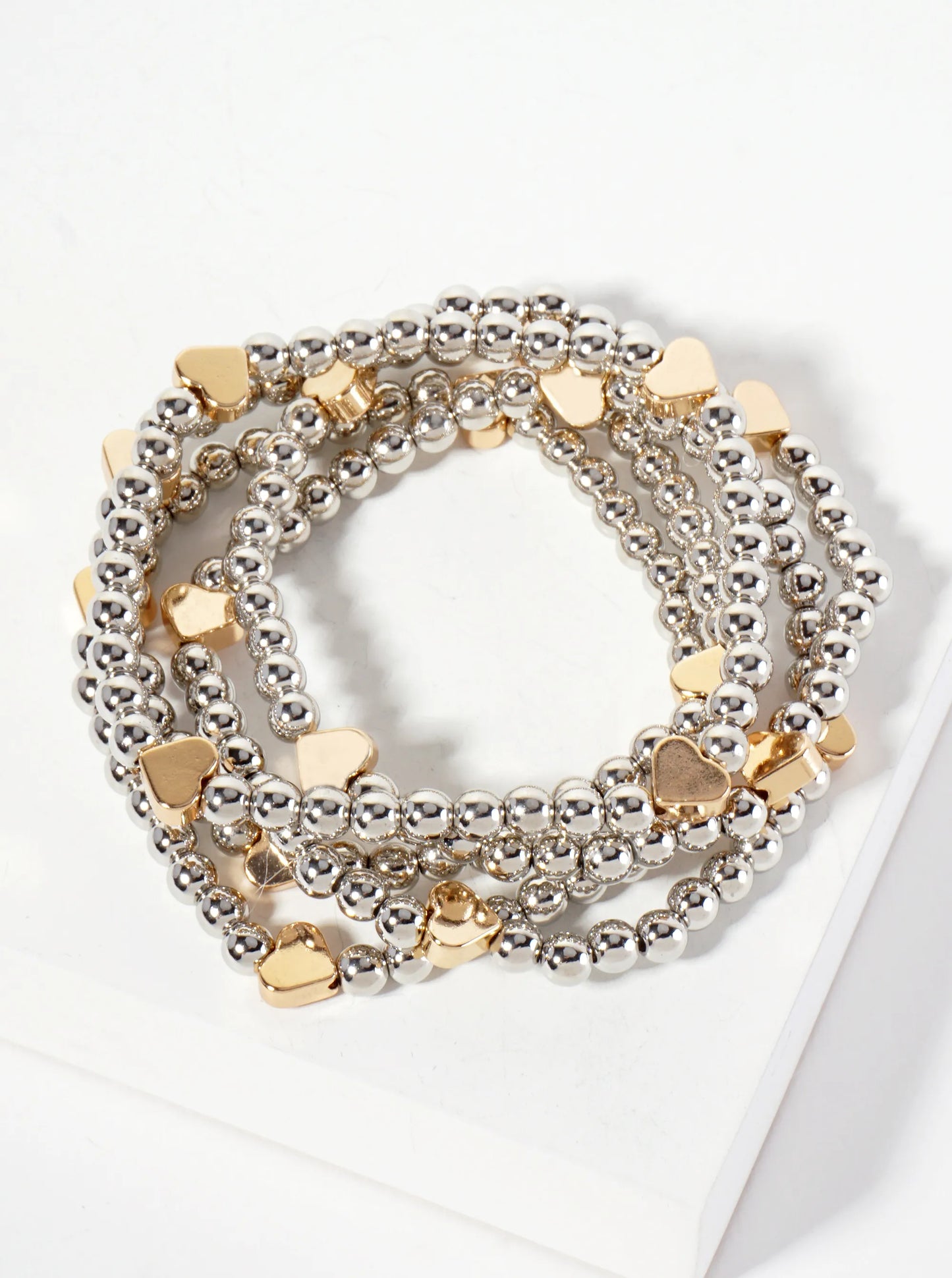 Set-of-5 Polished Metallic Heart And Ball-Beads Stackable Stretch Bracelet