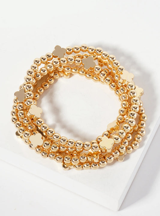 Set-of-5 Polished Metallic Quatrefoil And Ball-Beads Stackable Stretch Bracelet