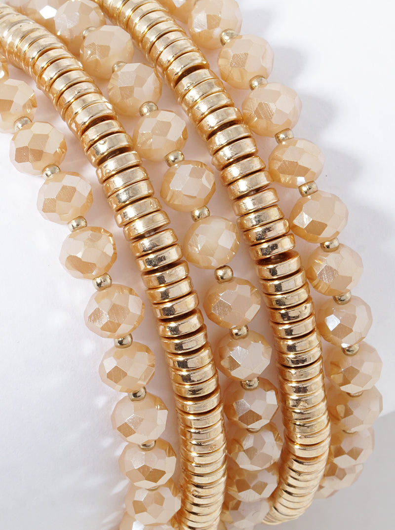 Set Of 5 Stretch Bracelets Faceted Glass And Metallic Beads