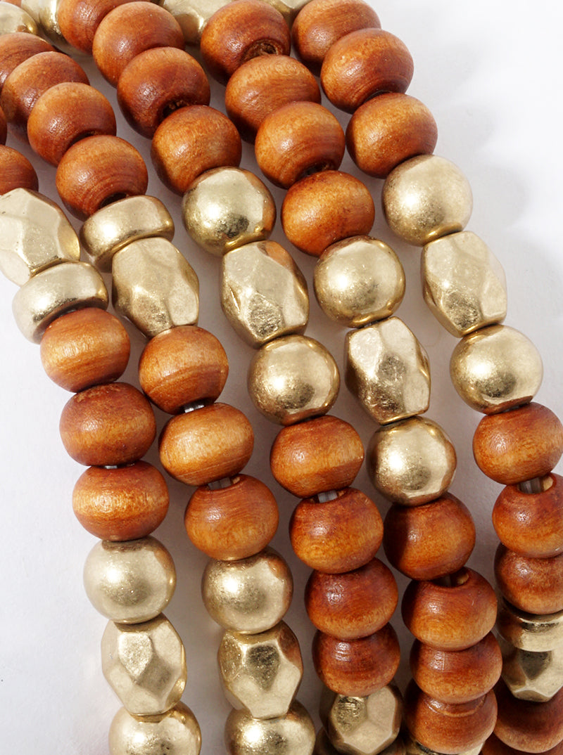 Set Of 5 Stretch Bracelets Wooden Metallic Accents