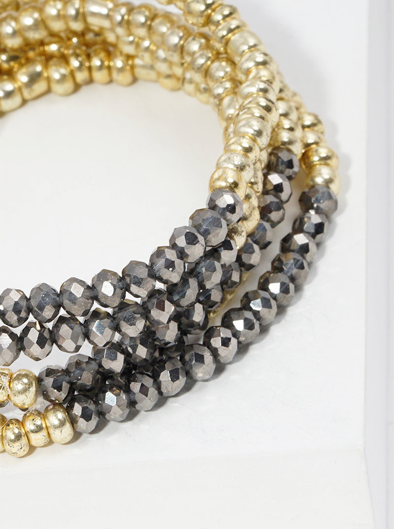 Set Of 5 Faceted Glass Bead And Metallic Bead Stretch Stackable Bracelet