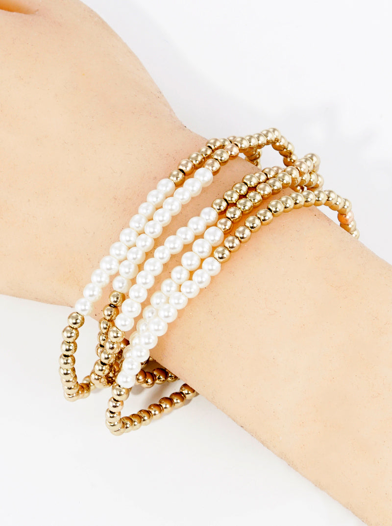 Set Of 5 Glass Pearl Metallic Bead Stretch Stackable Bracelet