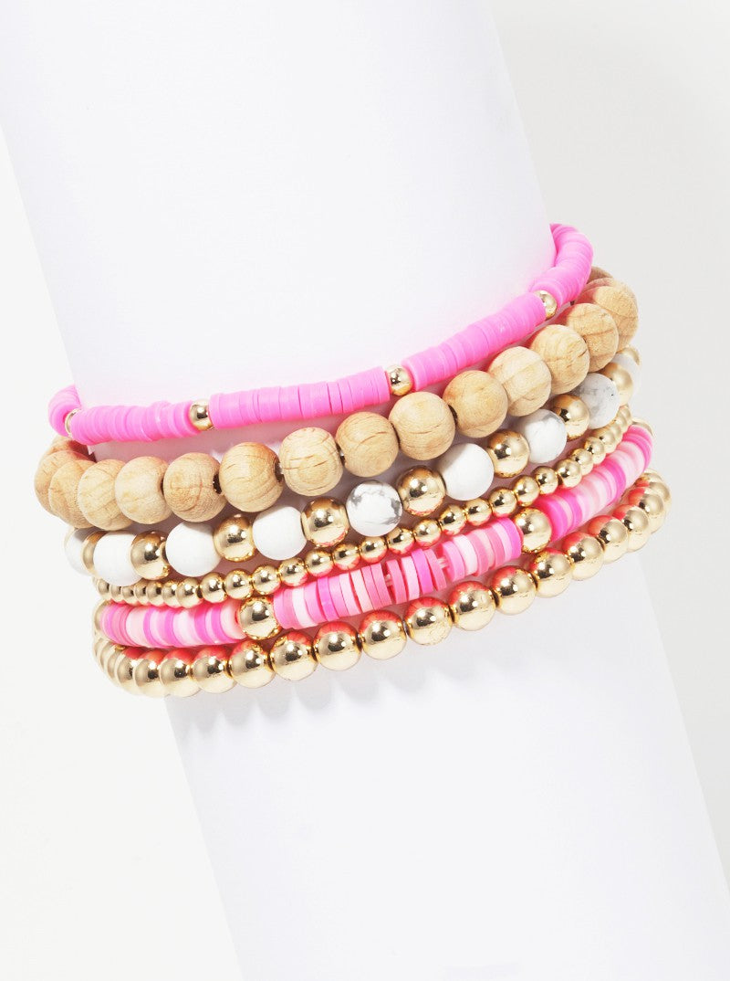 Set Of 6 Multi Bead Stackable Stretch Bracelet