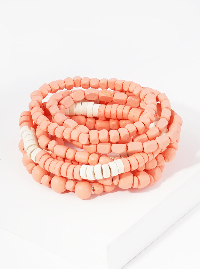 Set Of 8 Color Coated Wooden Beads Stackable Stretch Bracelet
