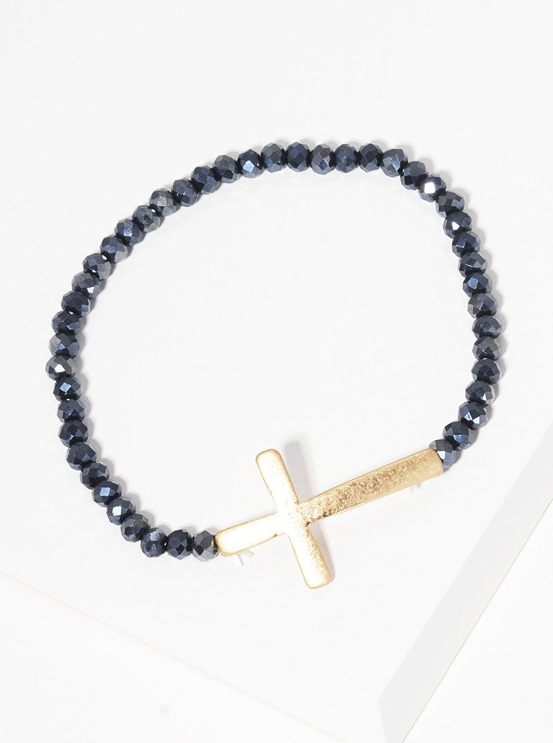 Sideways Cross Faceted Glass Bead Stretch Bracelet