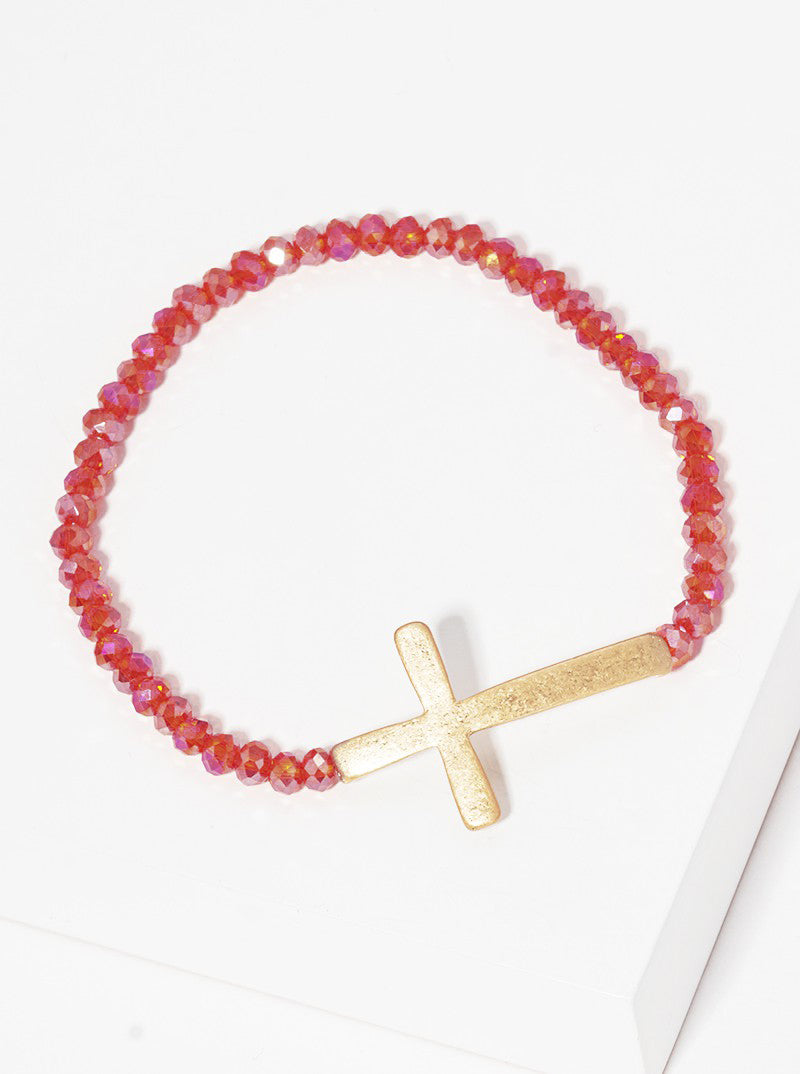 Sideways Cross Faceted Glass Bead Stretch Bracelet
