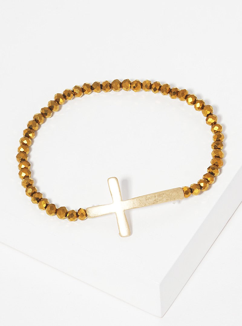 Sideways Cross Faceted Glass Bead Stretch Bracelet