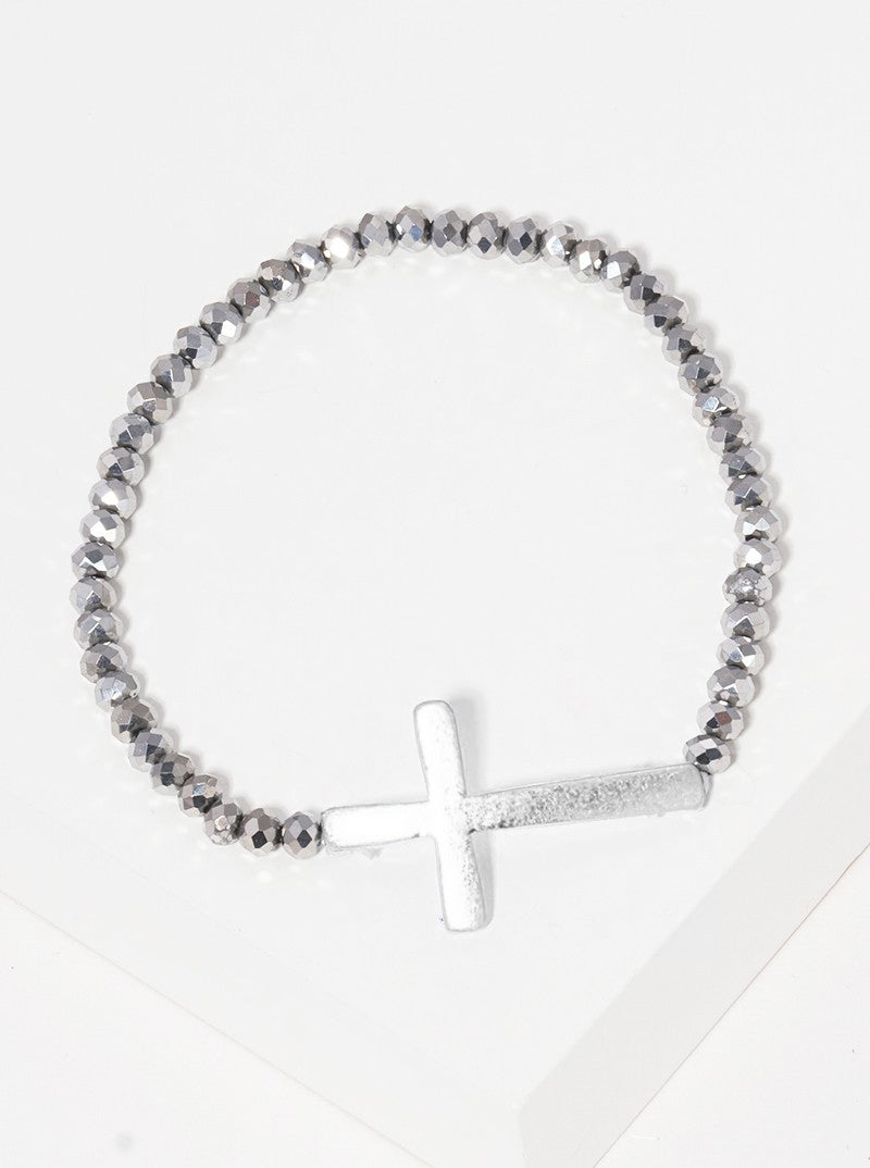 Sideways Cross Faceted Glass Bead Stretch Bracelet