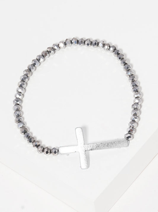 Sideways Cross Faceted Glass Bead Stretch Bracelet