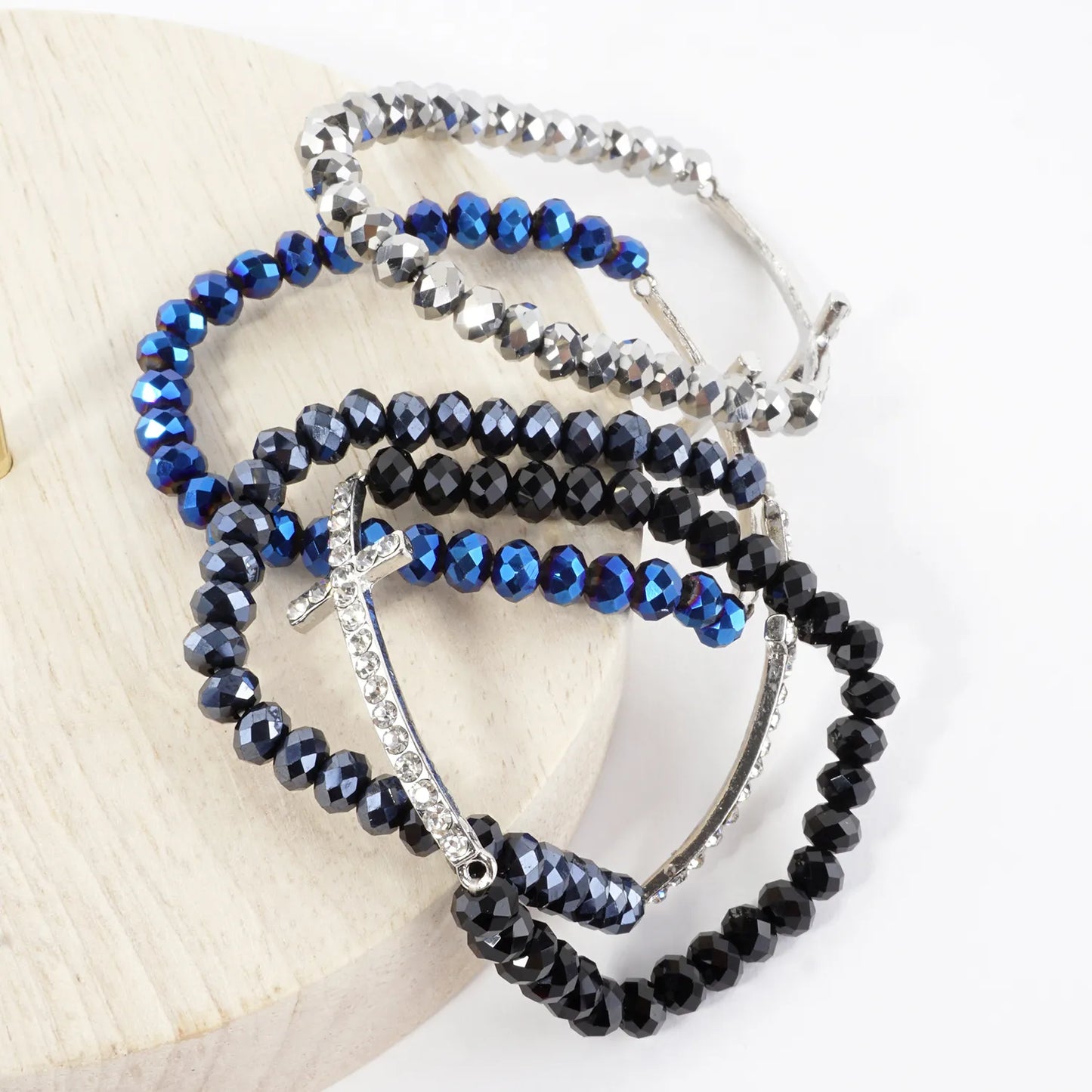 Sideways Crystal Pave Cross Metallic Glass Stretch