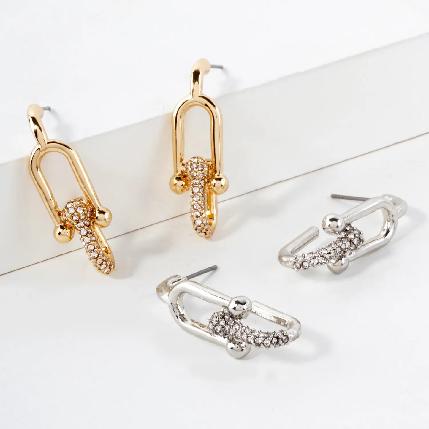 Simulated Horseshoe Chain Drop Earrings With Crystal