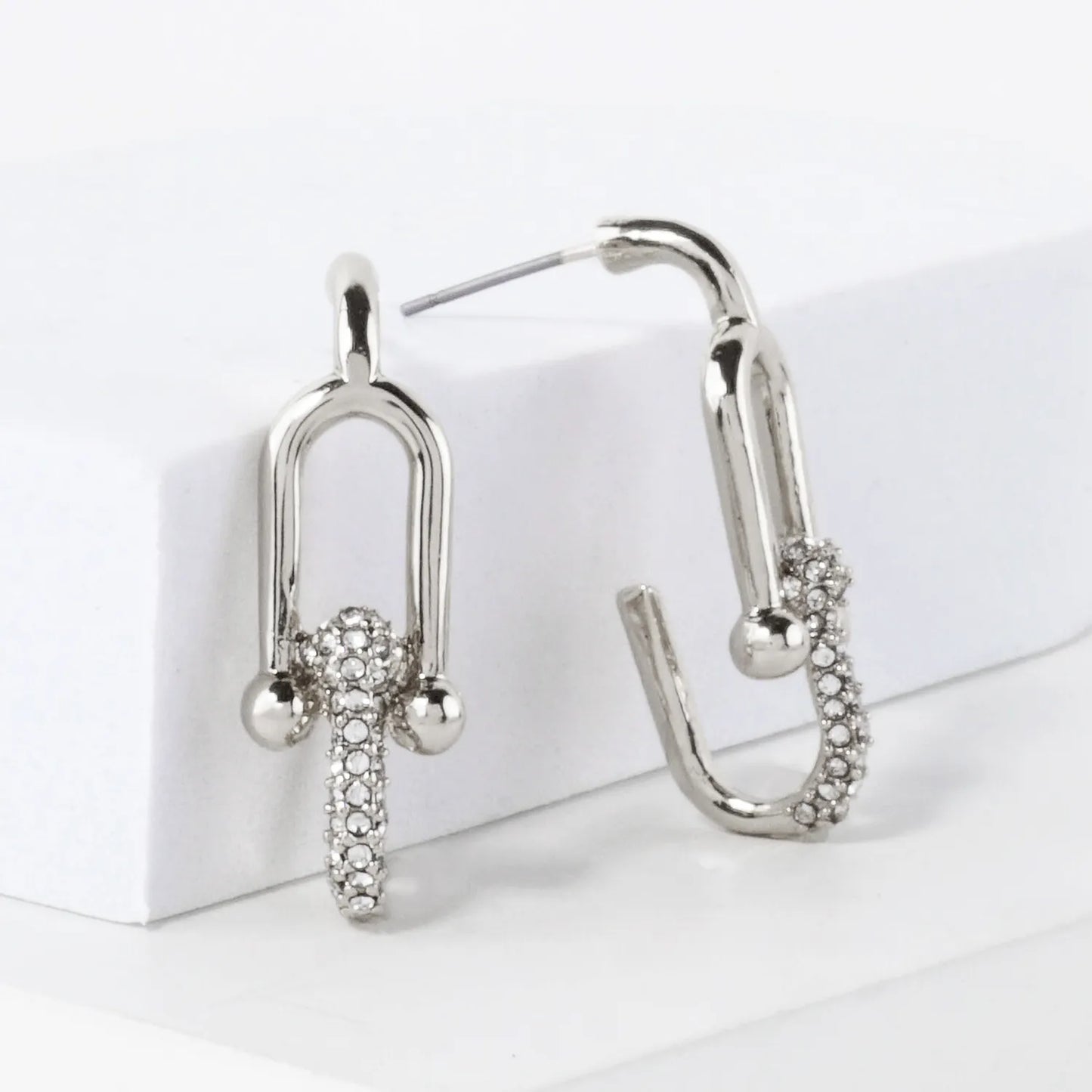 Simulated Horseshoe Chain Drop Earrings With Crystal