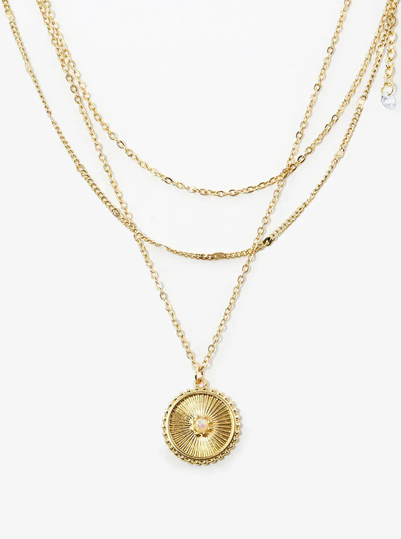 Simulated Opal Round Pendant Multi Layered Necklace