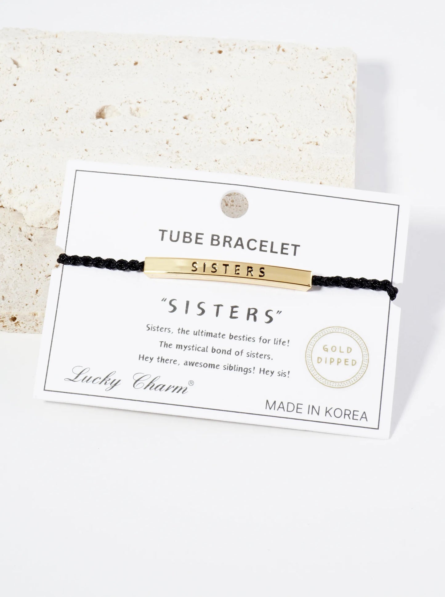 Sisters Engraved 18K Gold Dipped Curved Brass Tube Bar Adjustable Pull Tie Bracelet