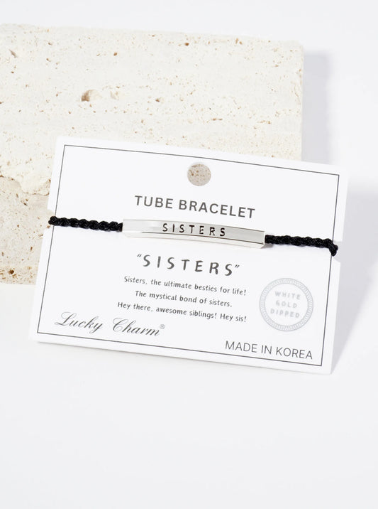 Sisters Engraved 18K Gold Dipped Curved Brass Tube Bar Adjustable Pull Tie Bracelet