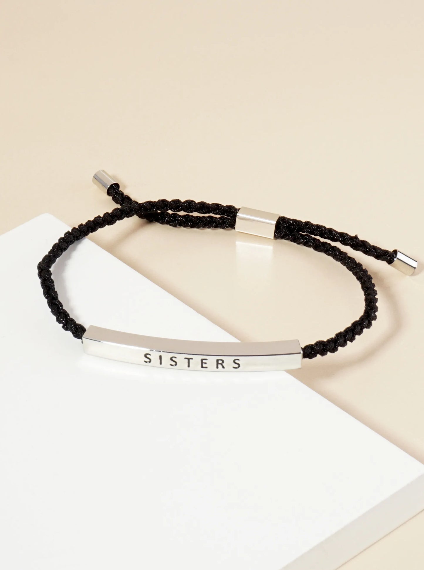 Sisters Engraved 18K Gold Dipped Curved Brass Tube Bar Adjustable Pull Tie Bracelet