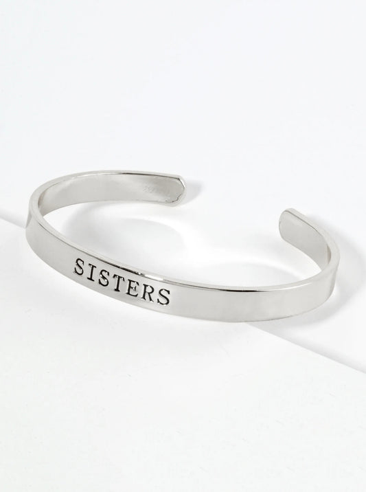 Sisters Engraved 18K Gold Dipped Open Cuff Bangle Bracelet