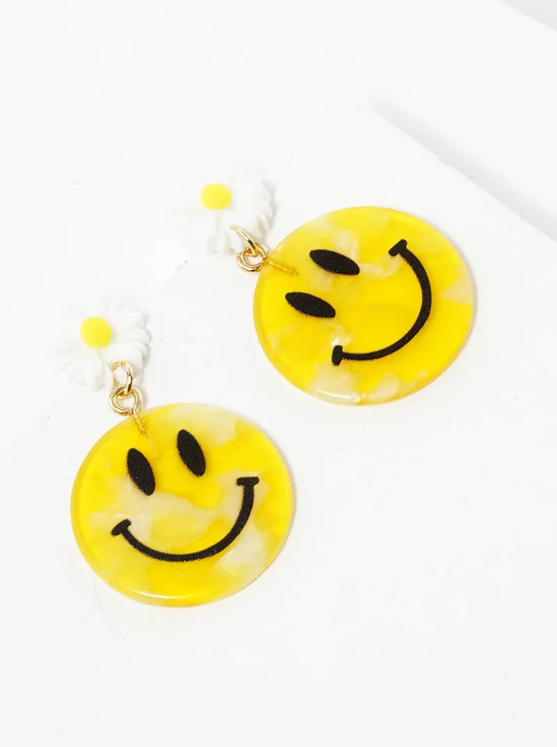 Smiley Face Drop Flower Post Dangle Earrings