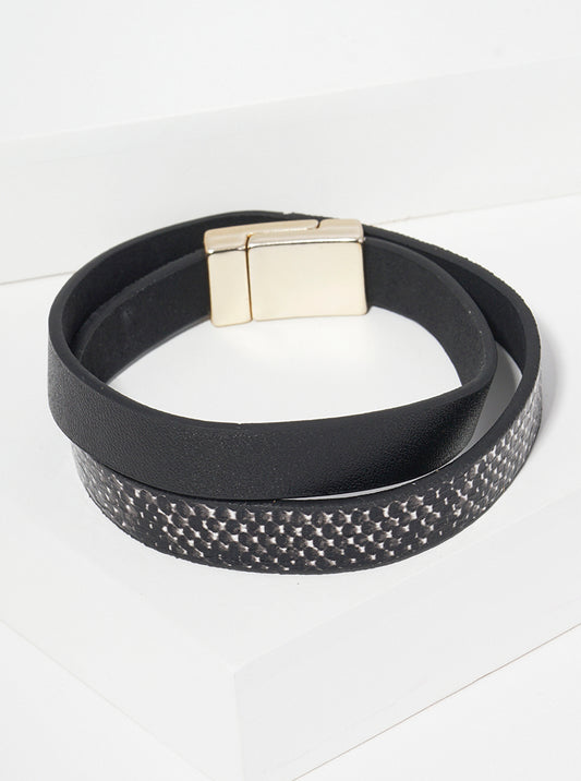 Snake Skin Animal Print Leatherette Wrap Around Braceclet With Magnetic Closure