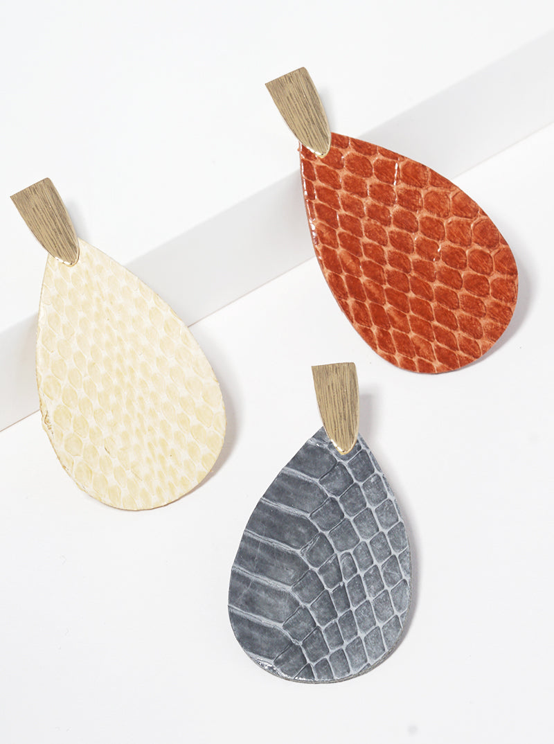 Snake Skin Print Leatherette Teardrop Post Drop Earrings
