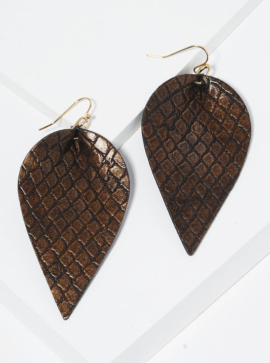 Snake Skin Printed Leaf Shaped Leatherette Fish Hook Dangle Drop Earrings
