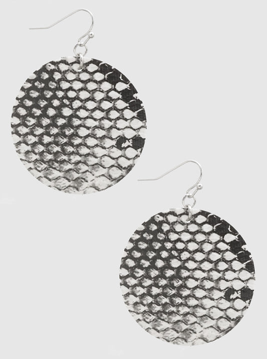 Snake Skin Printed Round Leatherette Lightweight Fish Hook Dangle Drop Earrings