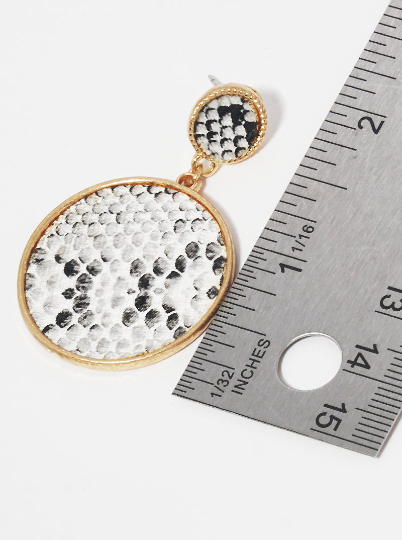 Snake Skin Printed Leatherette Double Round Post Drop Earrings