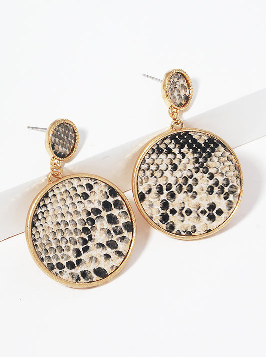 Snake Skin Printed Leatherette Double Round Post Drop Earrings