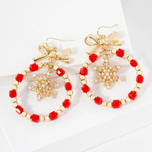 Snowflake Circle Drop Bow Christmas Wreath Earrings