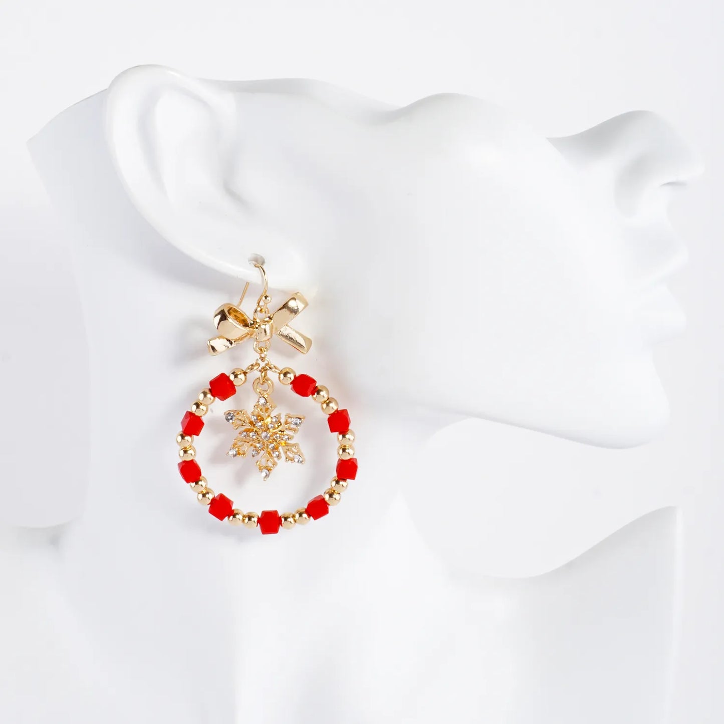 Snowflake Circle Drop Bow Christmas Wreath Earrings