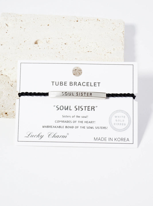 Soul Sister Engraved 18K Gold Dipped Curved Brass Tube Bar Adjustable Pull Tie Bracelet