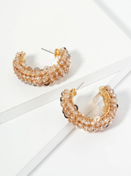 Spangle And Glass Beaded 30mm Wide Hoop Earrings