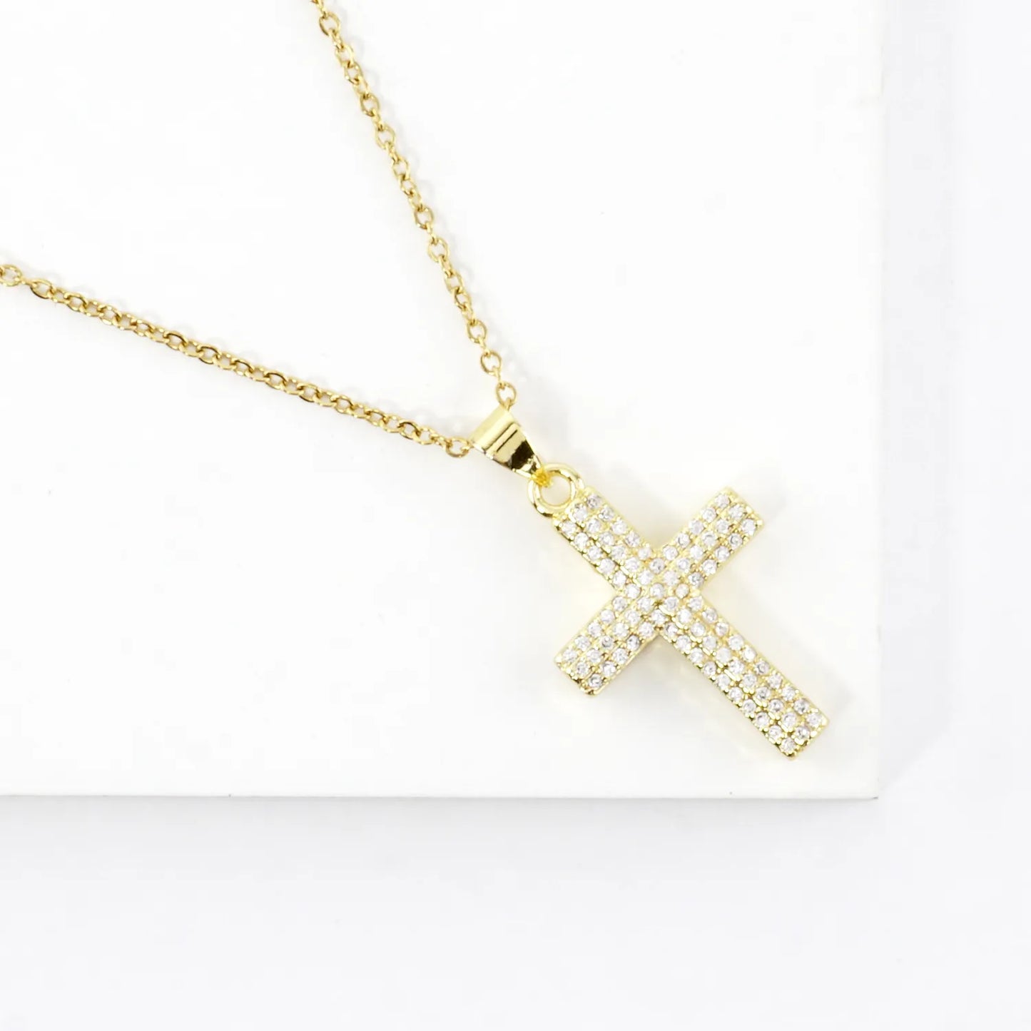 Sparkling CZ Pave Cross Pendant Stainless Necklace