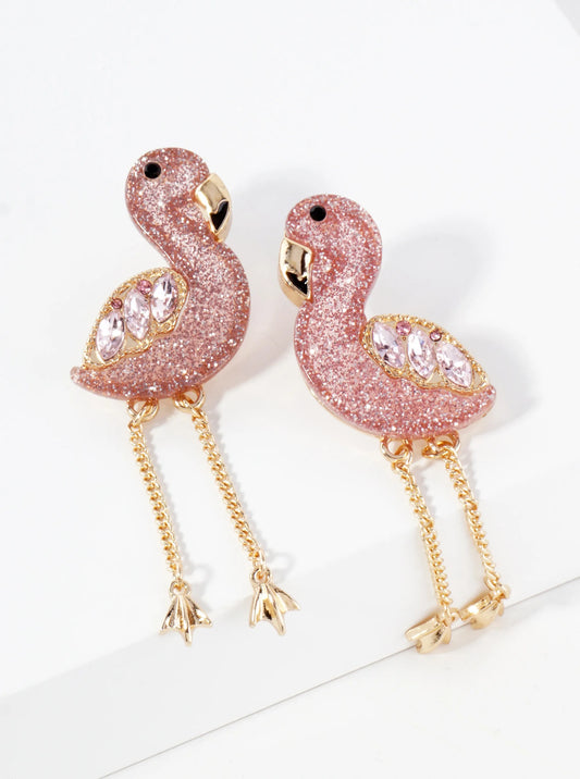 Sparkling Flamingo Tropical Bird Statement Earrings