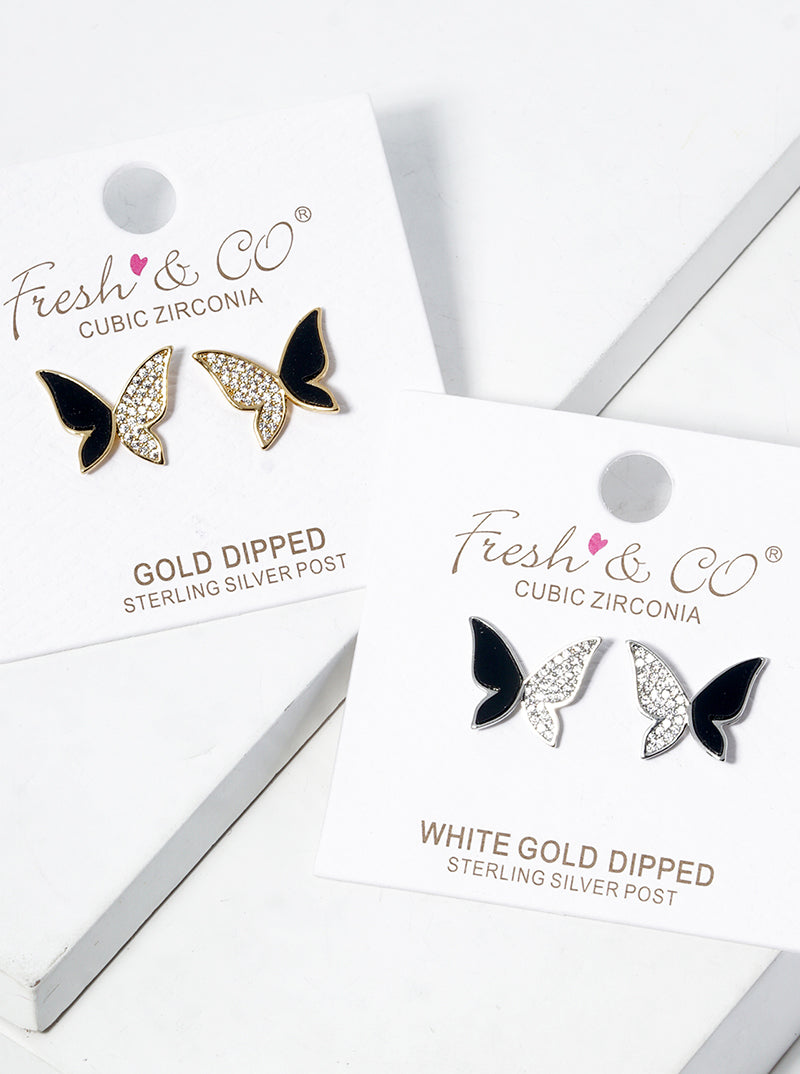 18K-Gold-Dipped Crown In CZ Pave MOP Heart Post Stud Earrings