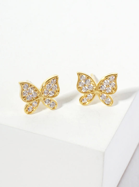 Spiritual-Theme 18K-Gold-Dipped Pave-Set Cubic-Zirconia Butterfly Stud Earrings