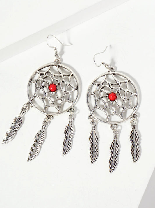 Spiritual-Theme Boho Semi-Precious Natural-Stone Feather Drop Dreamcatcher Dangle Earrings